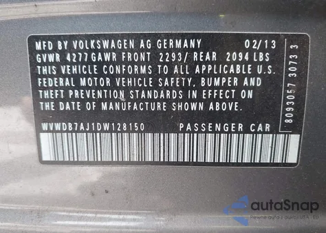 2013 Volkswagen Golf 2.5L 4-Door from USA, damaged, VIN WVWDB7AJ1DW128150
